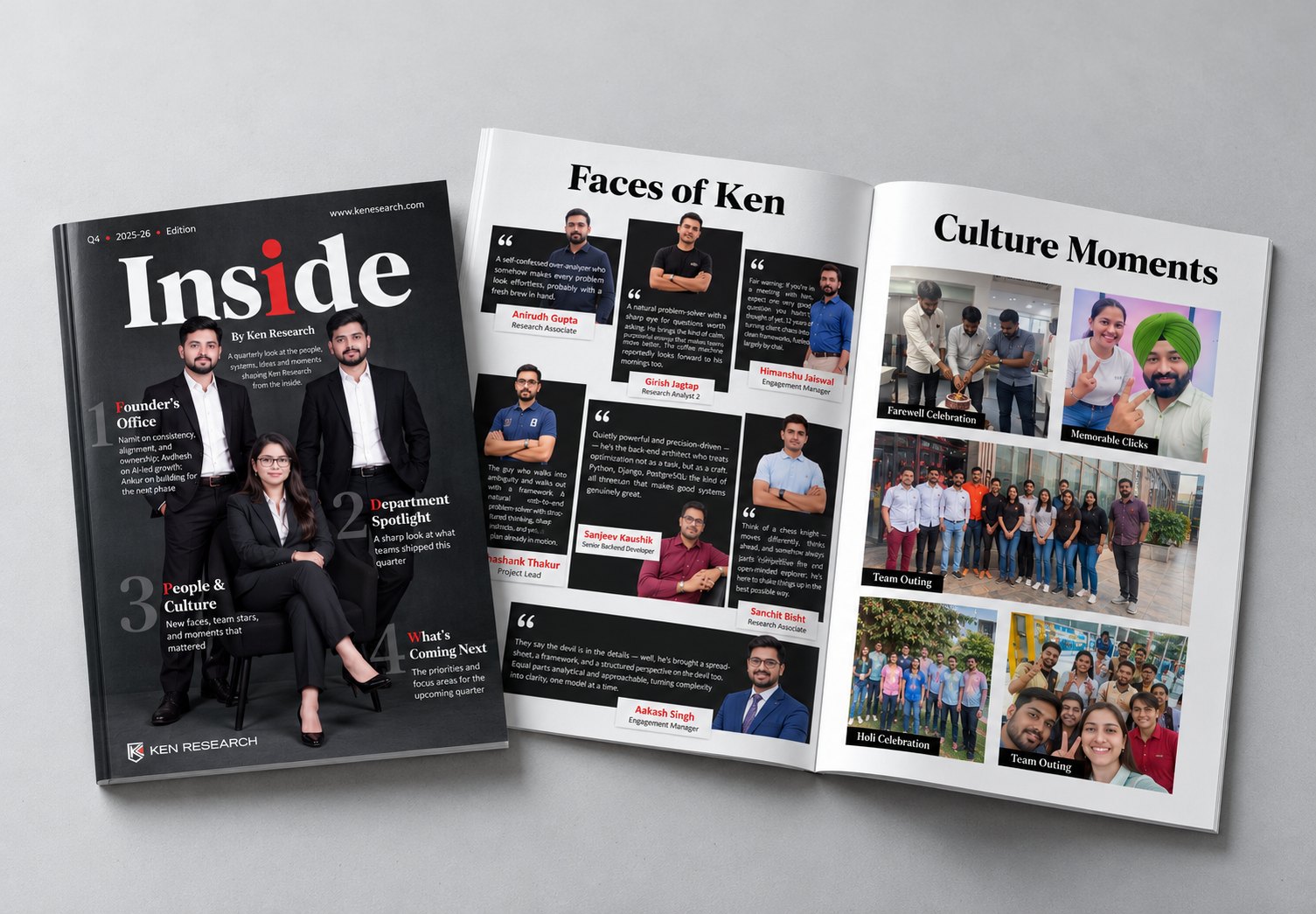 Inside by Ken Research magazine, closed cover beside an open spread