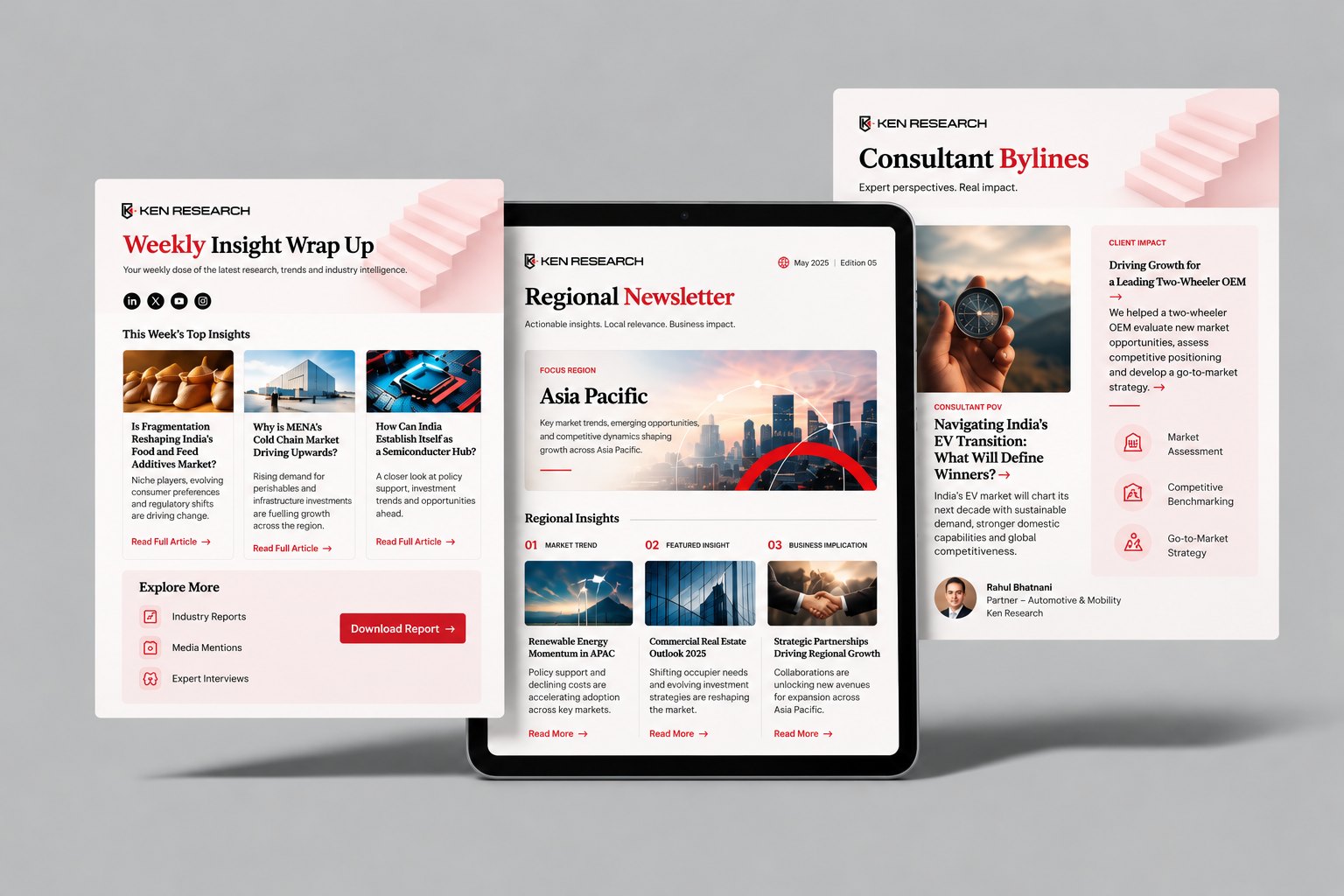 Four Ken Research newsletter formats shown together