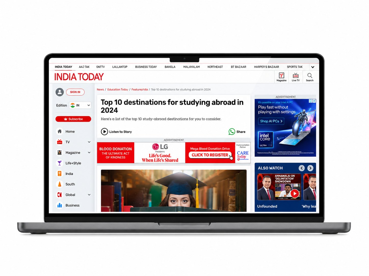 India Today article, Top 10 destinations for studying abroad in 2024