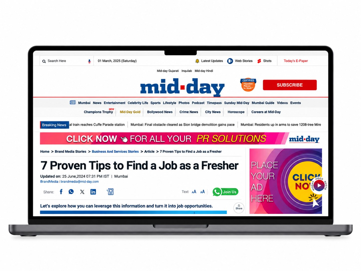 Mid-Day article, 7 Proven Tips to Find a Job as a Fresher